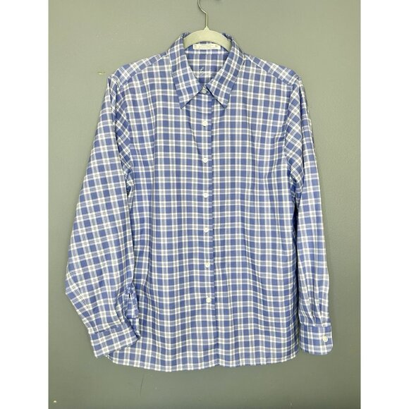 Foxcroft Plaid Button Down Shirt Collared Womens Size 12 Blue White Wrinkle Free - Picture 2 of 11